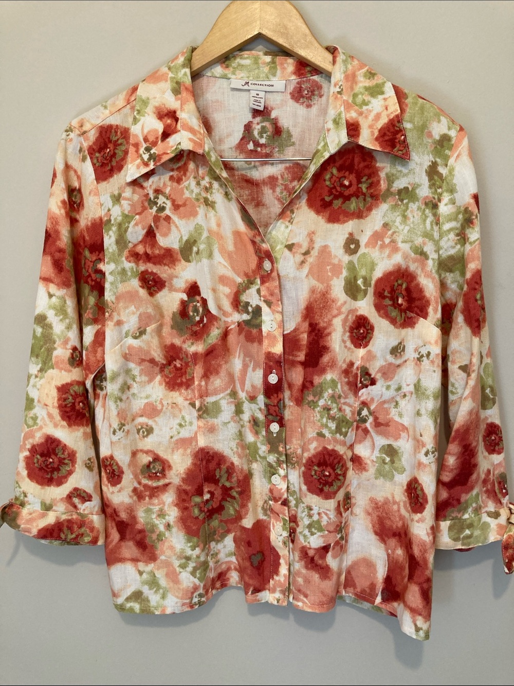 JM Collection Linen Floral Button-Front Top in Coral, Olive & Cream Sz 10